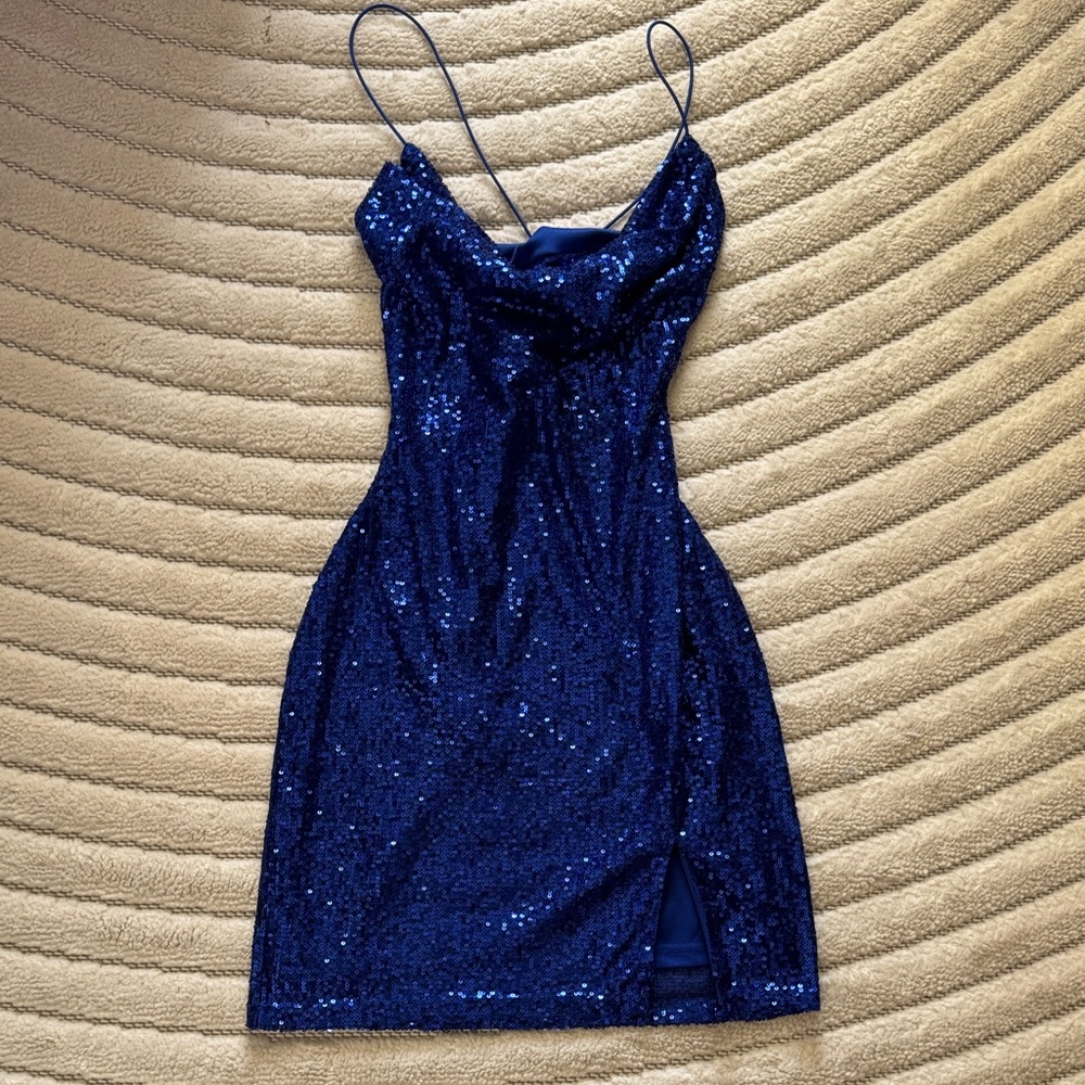 Blue Sequin Cowl Neck Dress